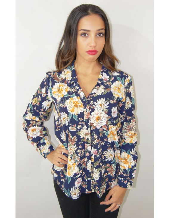 blue blouse with flower patterns
