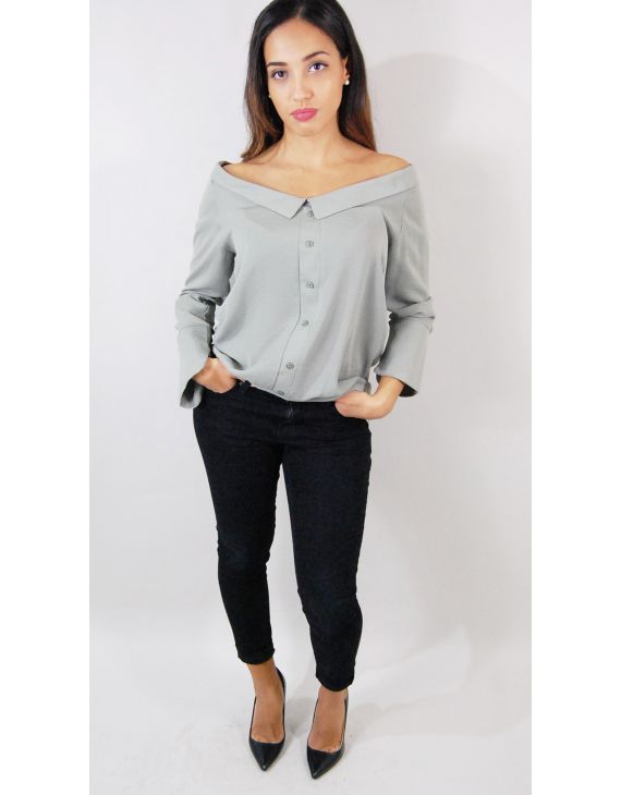 Grey blouse with bare shoulders