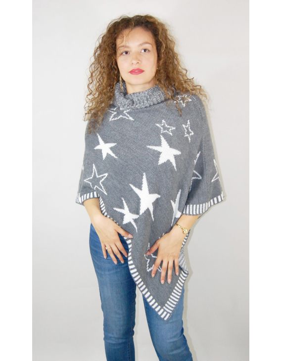 Poncho pull gris à motifs étoiles